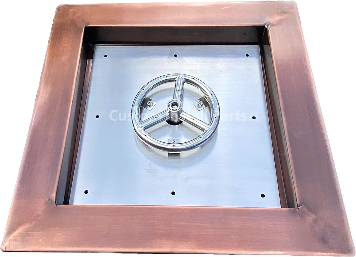 18 Inch Square Hammered Copper Metal Outdoor Propane or Natural Gas Fire Pit with 6 Inch Diameter Burner Ring Stainless Steel