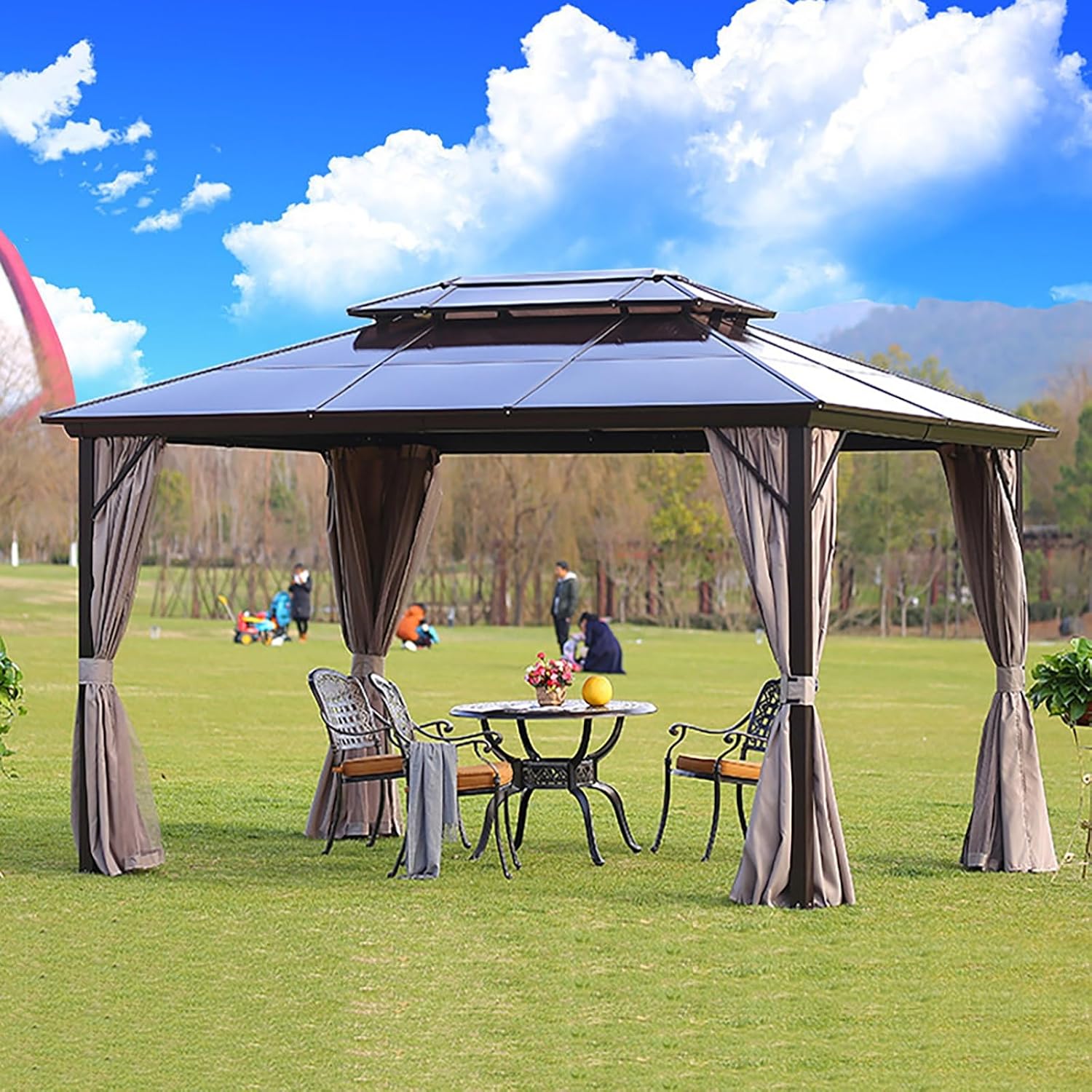 Outdoor Pergola Aluminum Patio Gazebo Pavilion, Waterproof Garden Canopy with Mesh Sidewalls, Sun Shelter for Backyard, Courtyard, Villa, BBQ Or Outdoor Events(B)