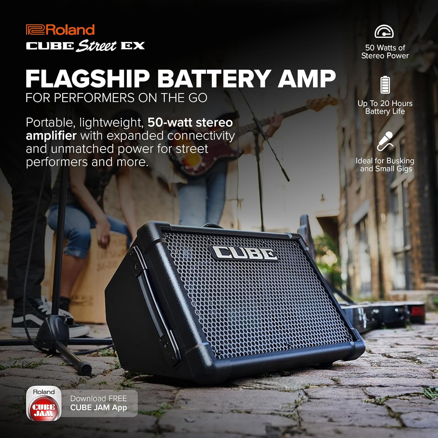 Roland Cube Street EX | Battery-Powered 50W Stereo Amplifier | Clear, Dynamic Sound | Ideal for Outdoor Performances | Supports Mics, Instruments & Audio Devices | COSM Tones for Electric Guitar