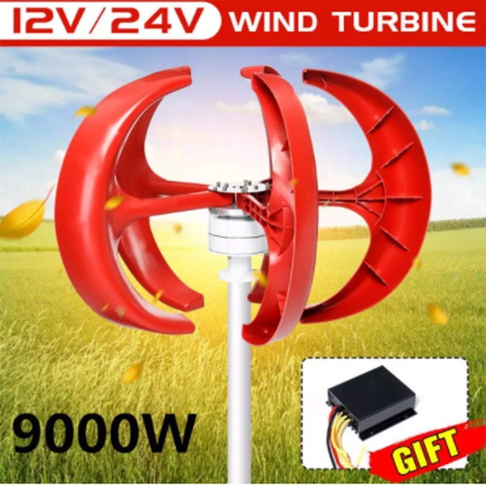 Red 9000W 5 Blades Vertical Axi Wind Turbines Generator Lantern 12V 24V Motor Kit Electromagnetic for Home Streetlight Use,12v