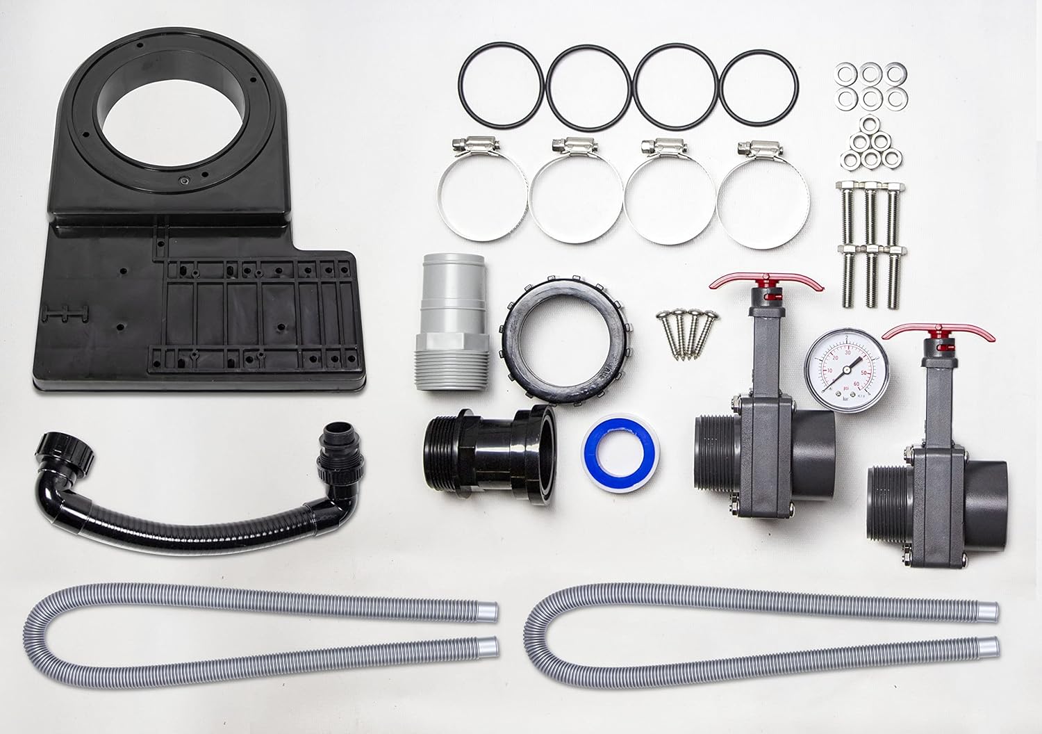 Swimline HYDROTOOLS Premium Base KIT for Sure-Flo Cartridge Filters | Includes Base Connection Hoses Slice Valves Pressure Gauge Teflon Tape Hardware & Adaptors | for 40 50 70 100 SQ FT Filters
