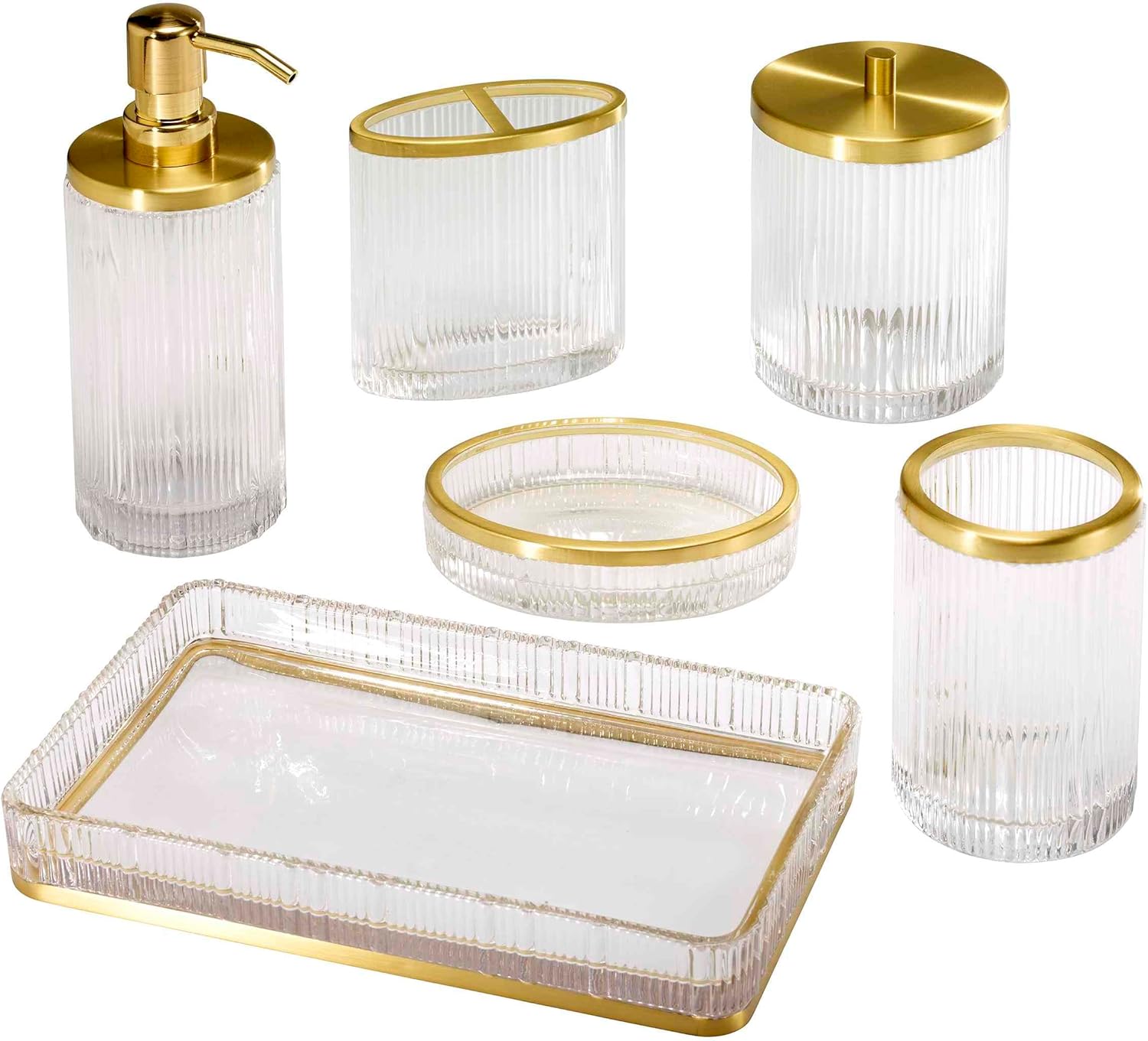 Nicole Miller - Bathroom Set, 3pc Glass Countertop Accessories, Dorm Room Essentials (Louise Collection, Clear)