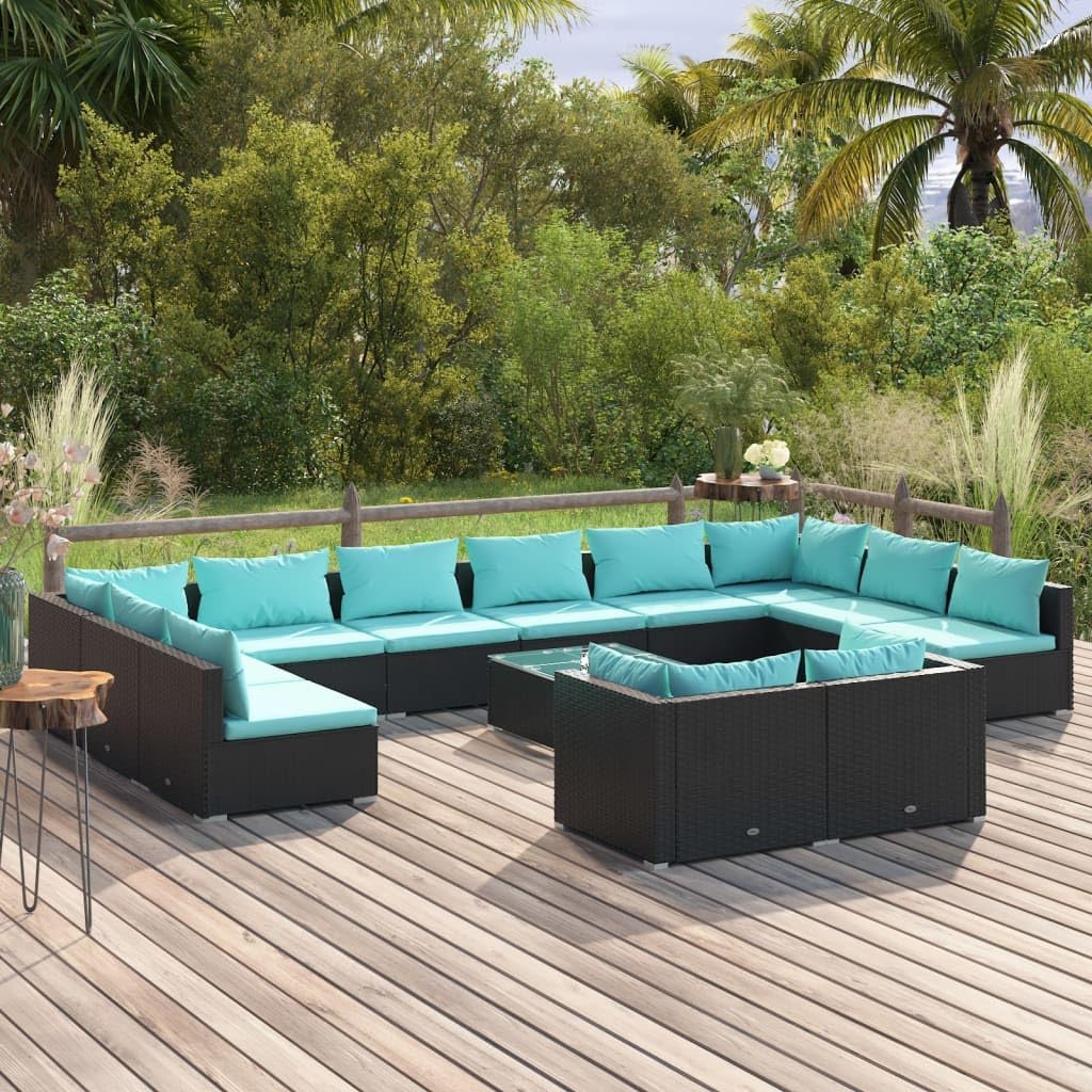 Furniture Sets 13 Piece Patio Lounge Set with Cushions Black Poly Rattan,Outdoor Patio Lounge Set with Modular PE Rattan Sofas and WaterResistant Cushions for Garden or Backyard Garden Conversation Se