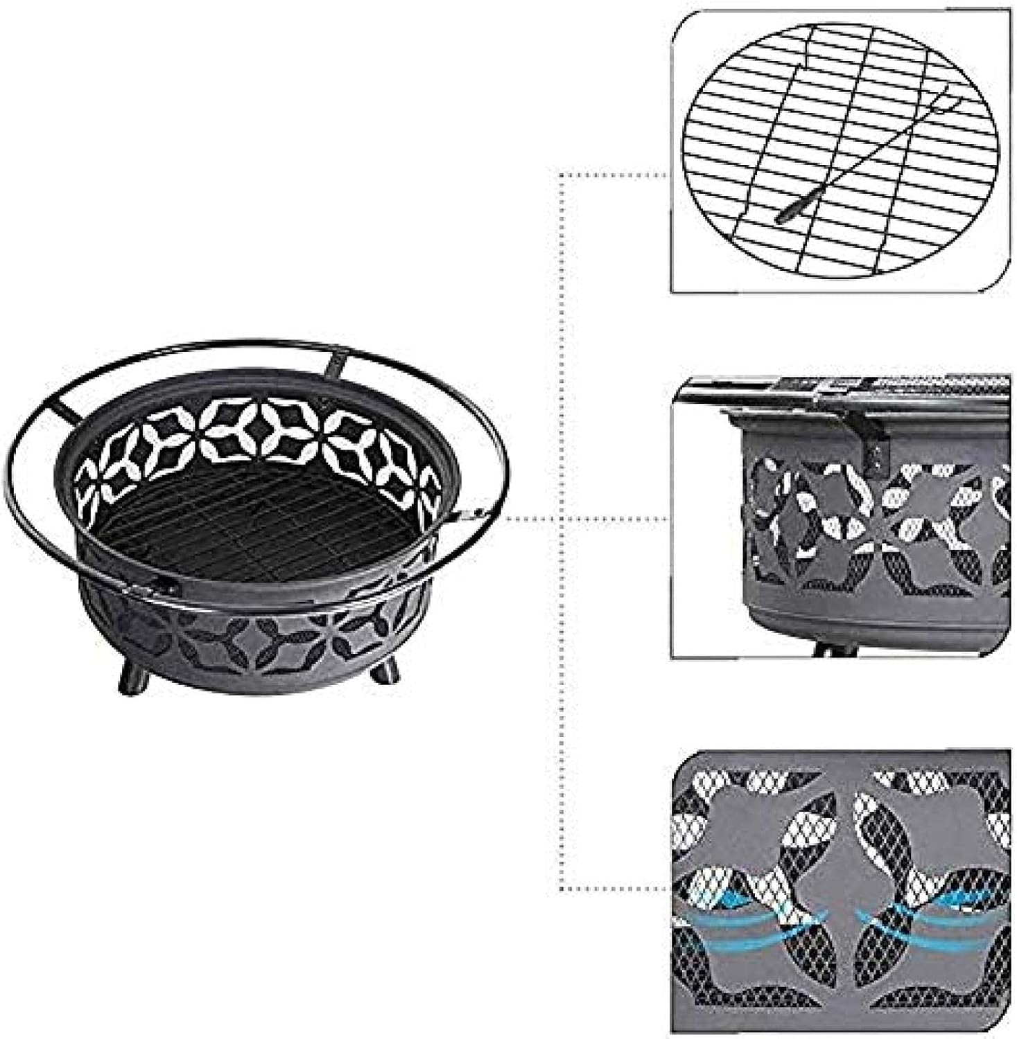 Fire Pit BBQ Grill Fire Bowl Steel Hearth with Cutouts for Patio Fireplace Sledgehammer Pattern and Screen Included Outdoor Pit Black