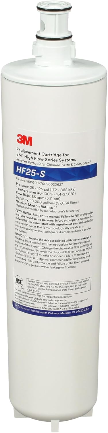 3M HF25-S High Flow Series 3M Genuine Replacement Filter Cartridge for ICE125-S Water Filter System, Reduces Chlorine, Taste and Odor, Scale, and Particulate 1 Micron, 1.5 gpm, 5615203