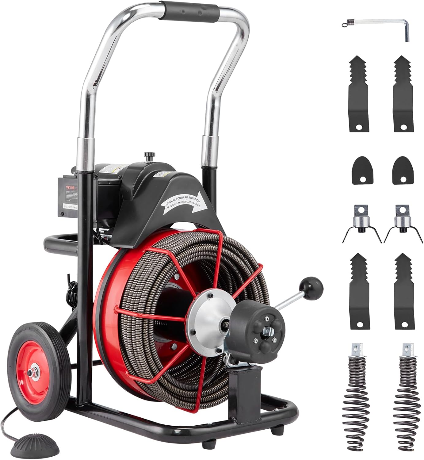 VEVOR Drain Cleaner Machine 100FT x 1/2 Inch, Auto Feed Sewer Snake Auger on Wheels, 550W Portable Drain Cleaning Machine with 8 Cutters & Air-activated Foot Switch for 2