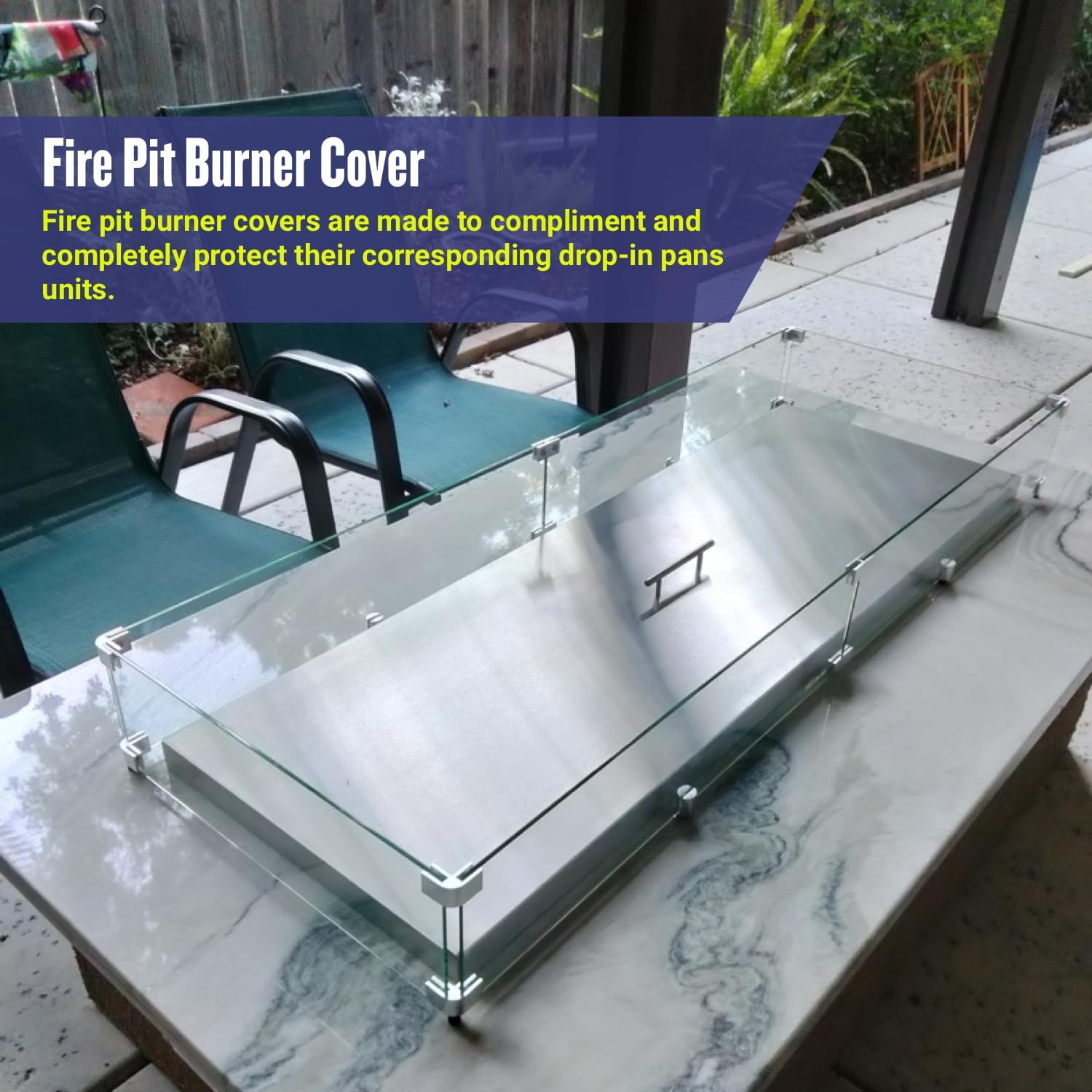 American Fireglass Rectangular Burner Pan Cover Stainless Steel Lid for Outdoor Fire Pit or Table for Natural Gas or Propane Fires 27