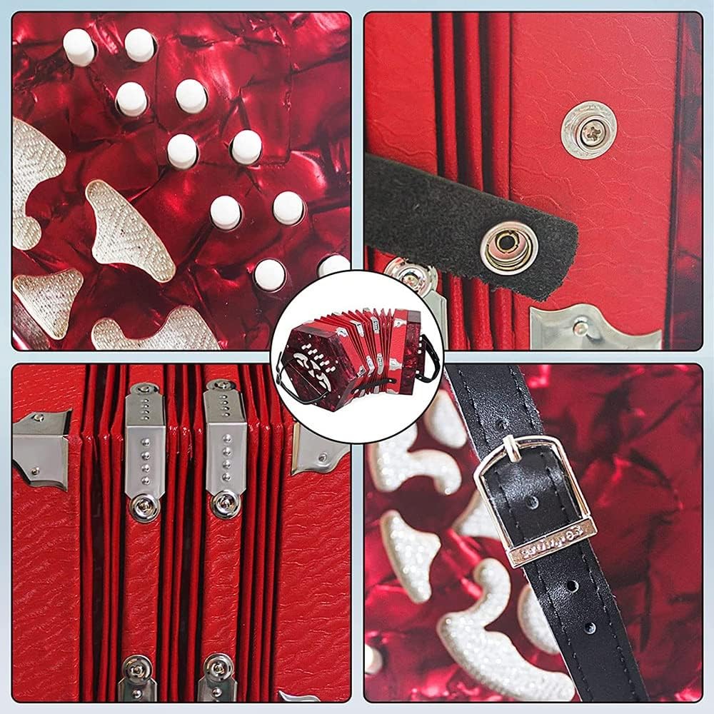 Professional Accordion Concertina With 20 Buttons, With Carrying Bag And Adjustable Hand Strap, For Daily Practice Stage Performance (Color : Red)