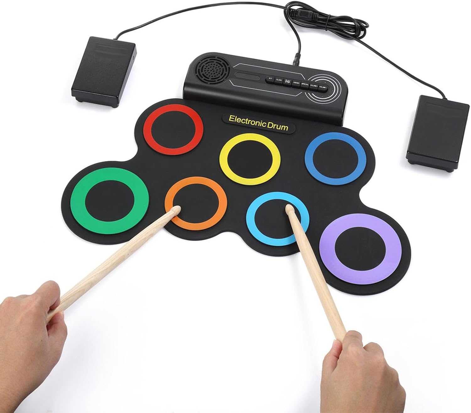 Jiawu Electronic Drum Set, 7 Pads Roll Up Electric Drum Pad Built in Speaker, Portable Drumming Practice Pad Machine with Pedals and Sticks, 10 Hours Playtime for Beginners