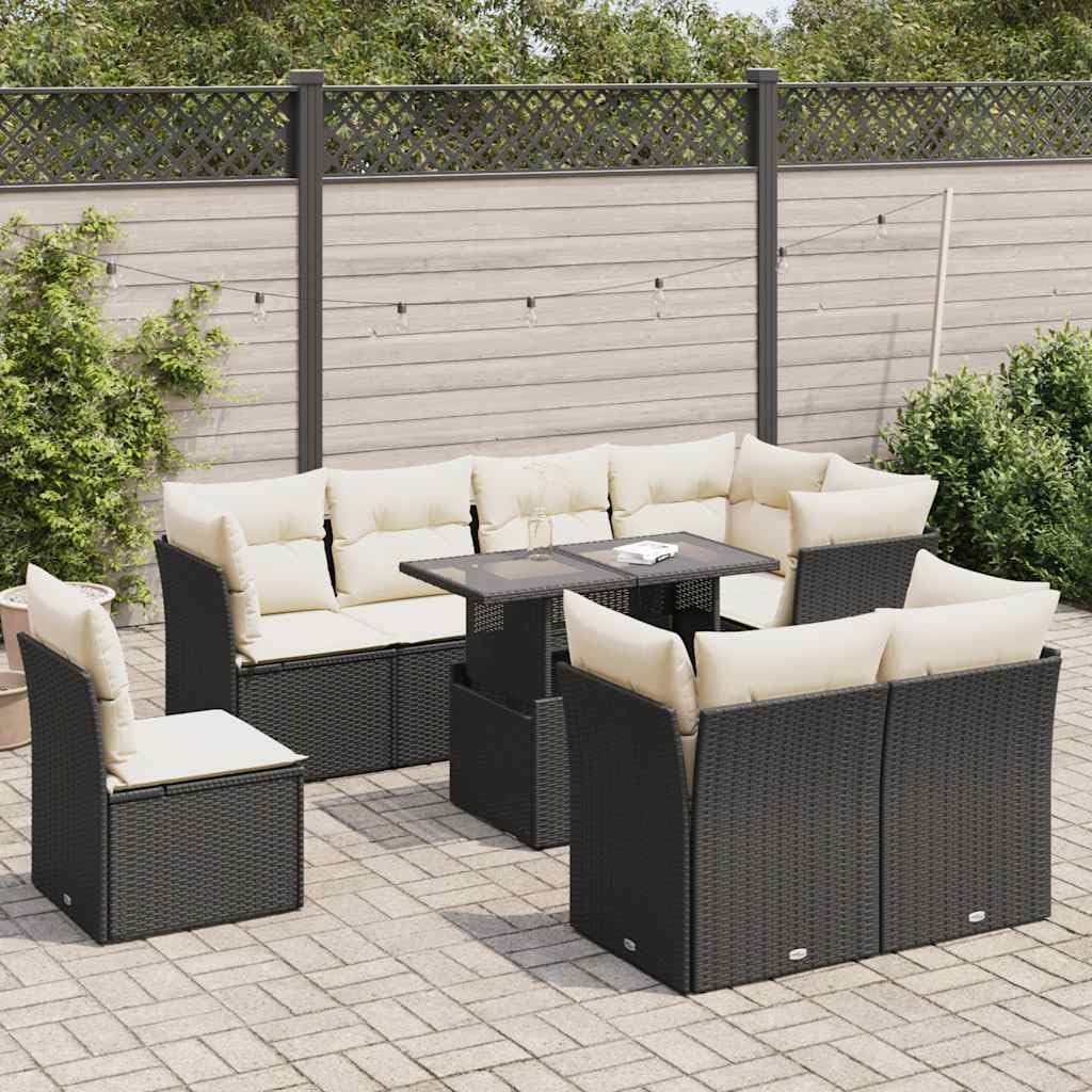9 Piece Garden Sofa Set Black and Cream, Modular Outdoor Furniture with Water-Resistant Covers and Removable Cushions, Durable Poly Rattan and Metal Patio Seating