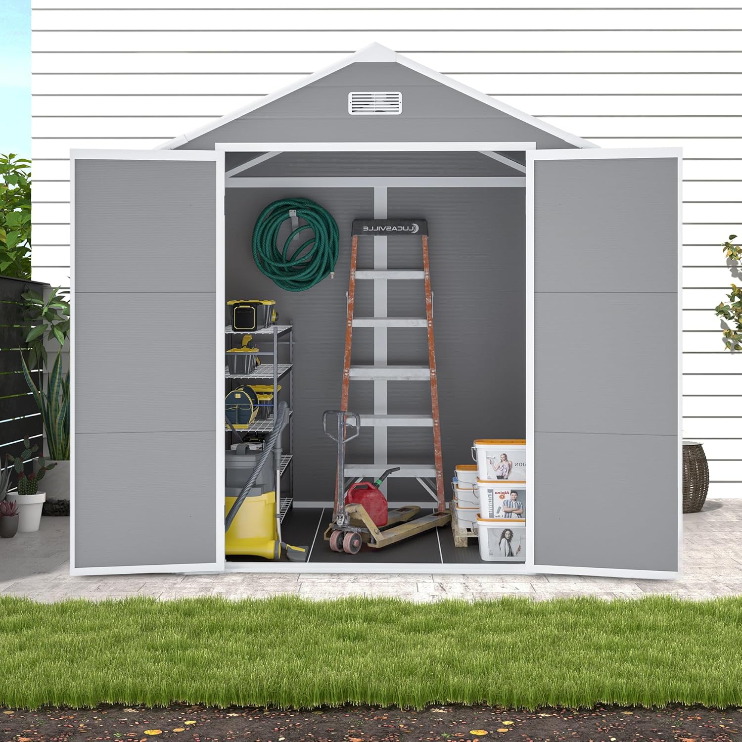 6 x 5FT Resin Outdoor Storage Shed Waterproof Shed with Floor & Two Windows & Lockable Door, Tool Shed for Garden, Patio, Backyard (Grey6*5ft)