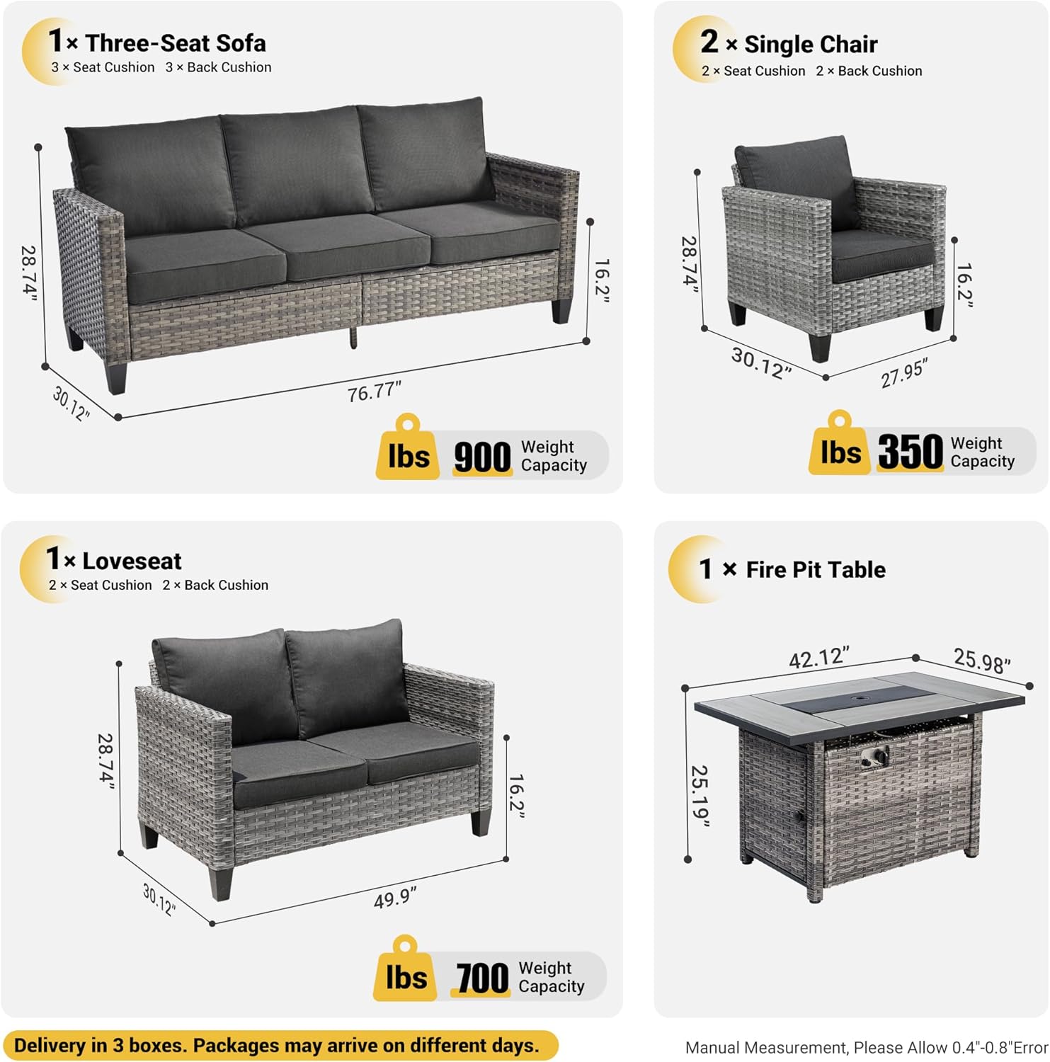 ovios 5 Pieces Patio Furniture Set, Outdoor Wicker Rattan Sofa Couch with 42