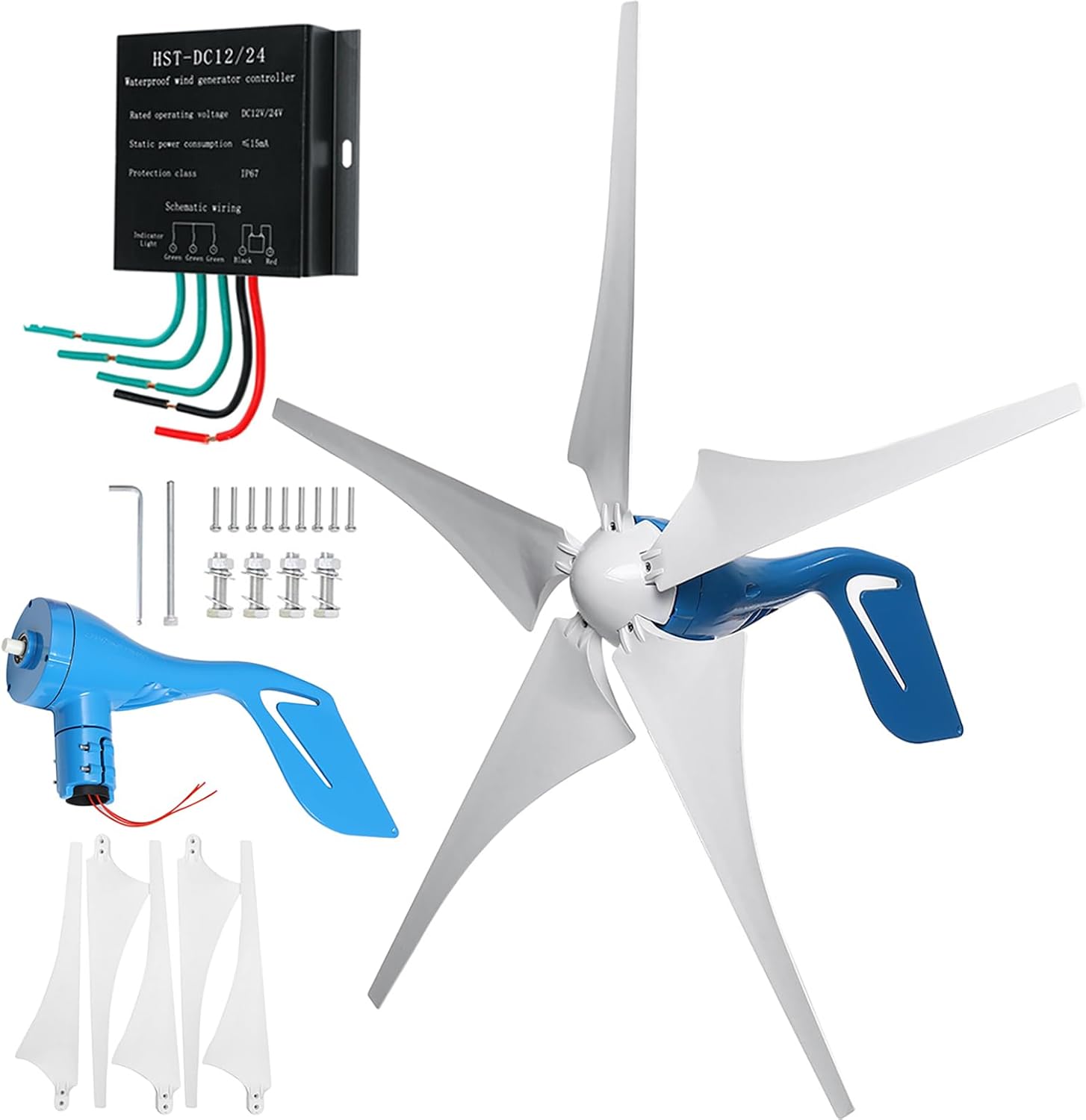 1000W / 1200W Wind Turbine Generator Kit 12V / 24V / 48V Wind Power Generator with 5 Blades and Controller, Pure Copper Coil Windmill Generator for Home, Hybrid Solar Wind System,1200w,48V