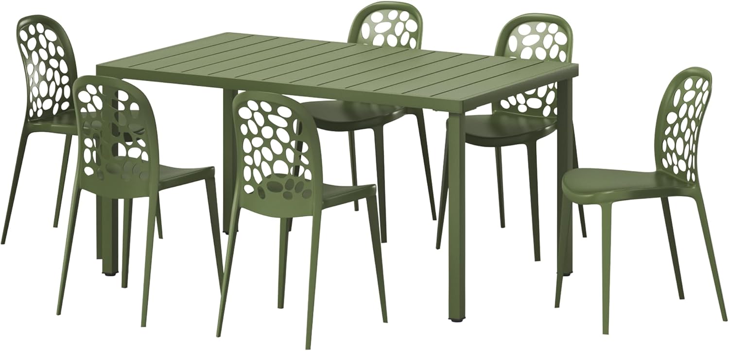 Costaelm 7 Piece Outdoor Patio Furniture Sets, Patio Table and Chairs Set, Coffee Table with Stackable Side Chairs Modern Backyard Deck Furniture for Restaurant, Olive Green