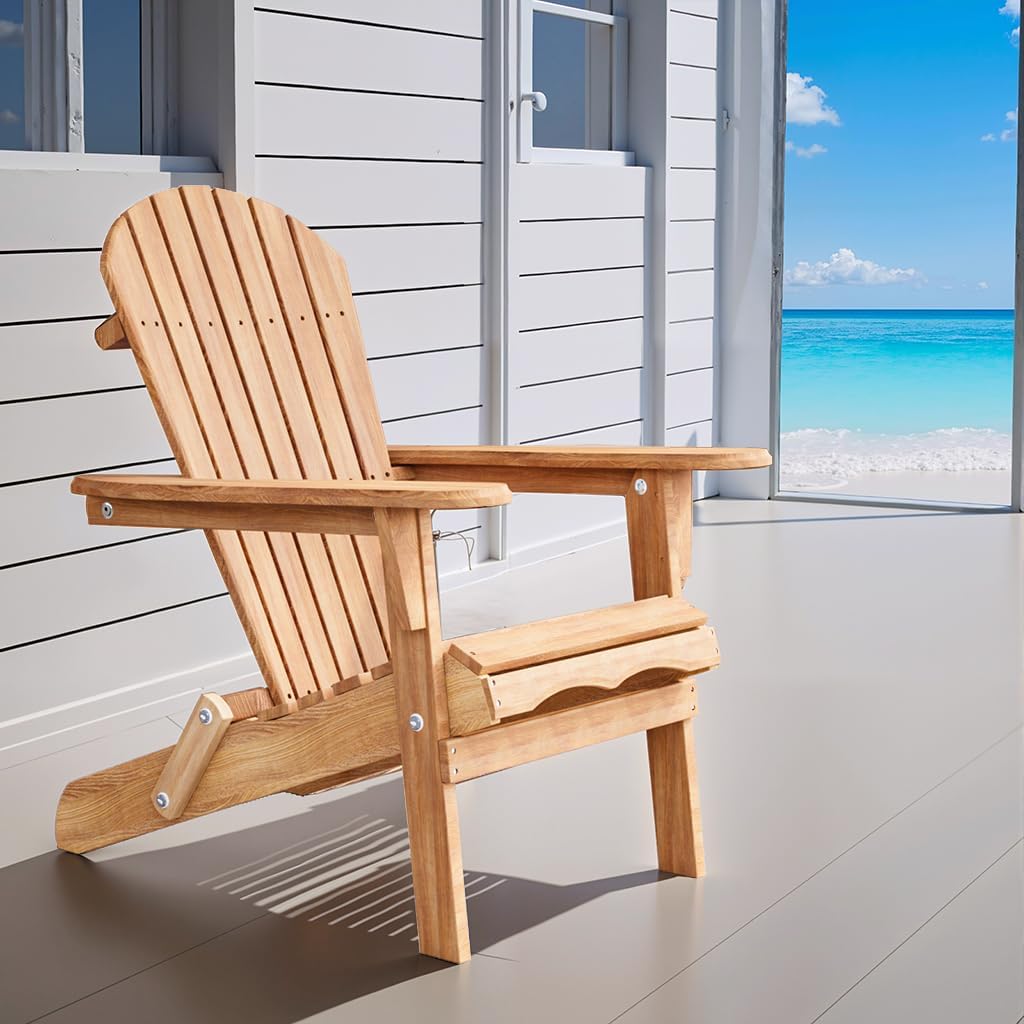 Adirondack Chairs Set of 2, Folding Wooden Adirondack Chair, Fire Pit Chairs, Outdoor Lounge Furniture for Yard, Garden, Patio (Natural)