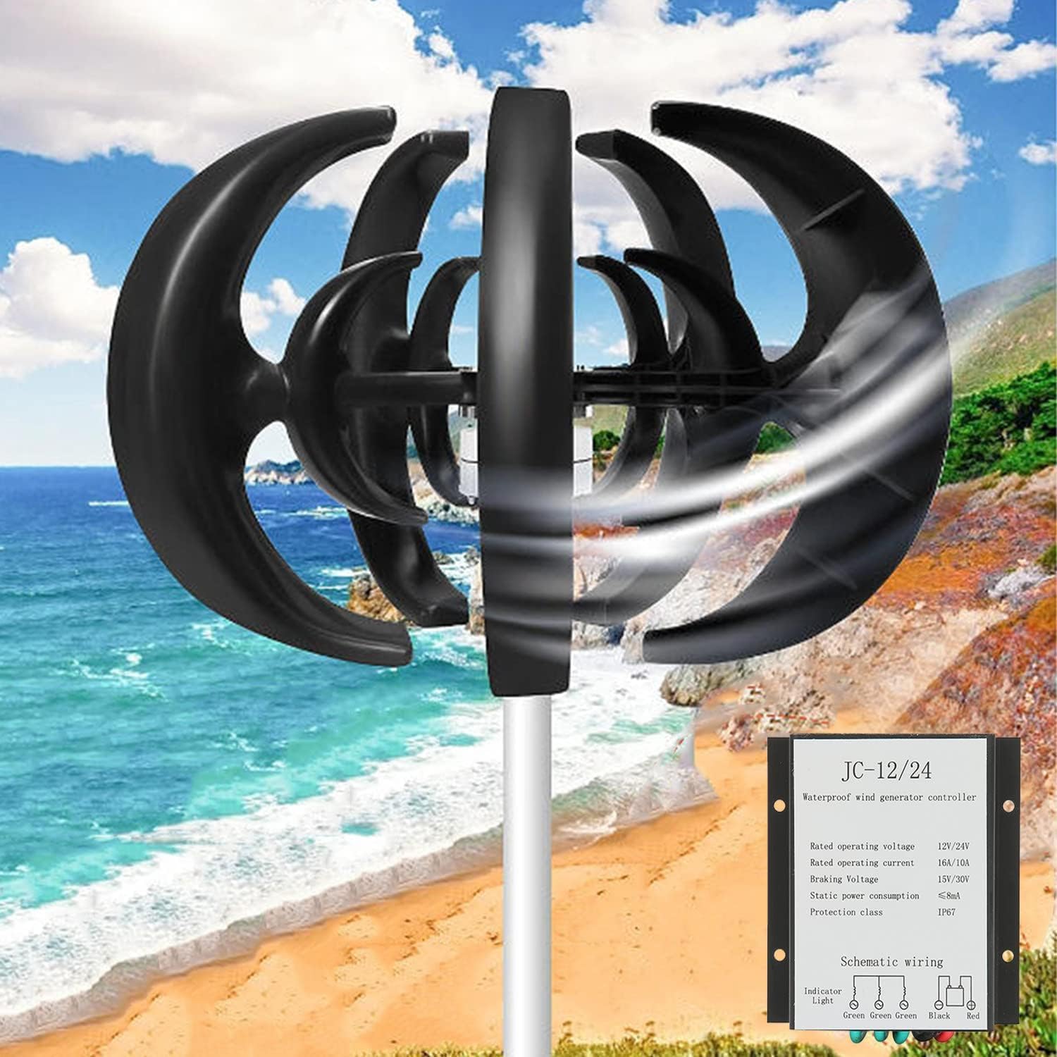 CHRISK 3 Phase Vertical Axis 5000W Wind Turbine Kit Wind Turbine Kits Maglev Hybrid Wind Generator 5 Blades Auto Adjust Windward Direction,12v