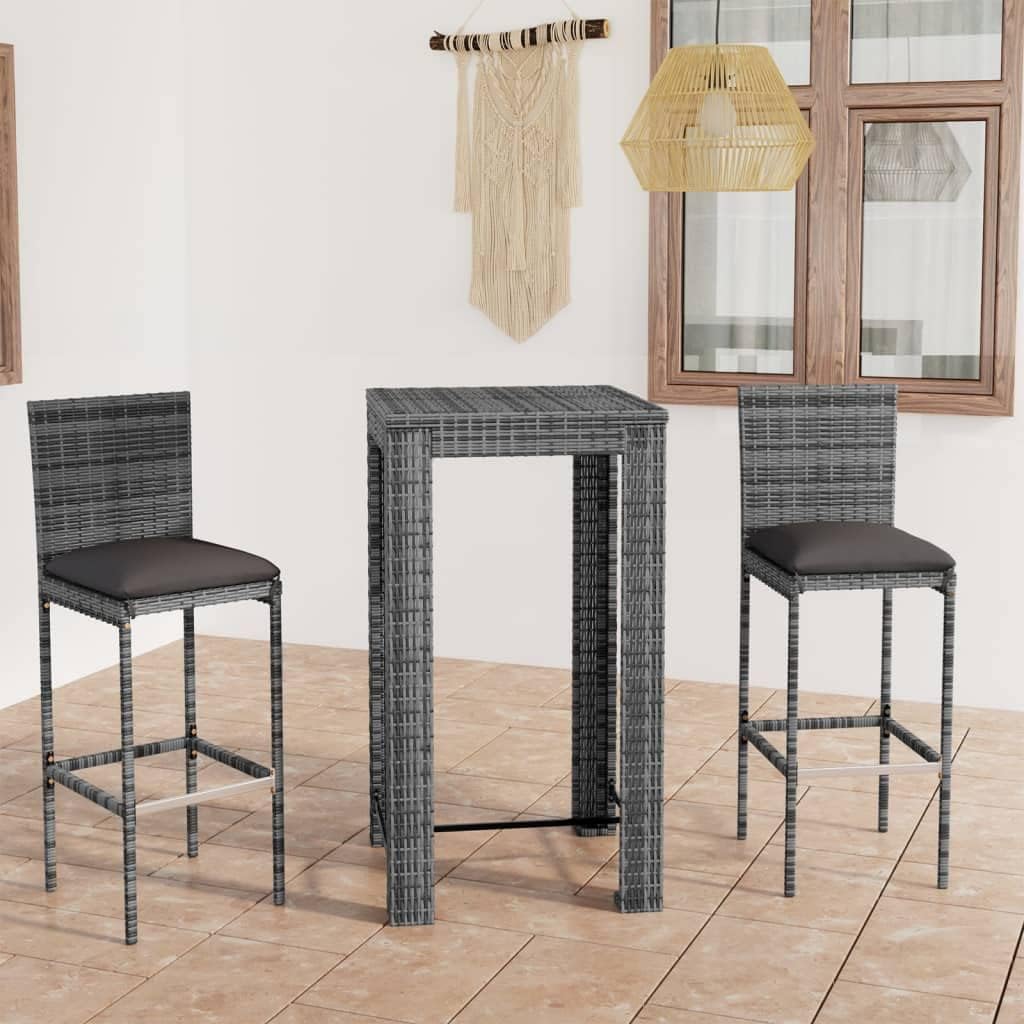 3 Piece Patio Bar Set with Cushions Poly Rattan Gray,Stylish Outdoor Bar Set with Comfortable Rattan Stools for Patio and Garden Furniture Sets for Patio, Lawn & Garden
