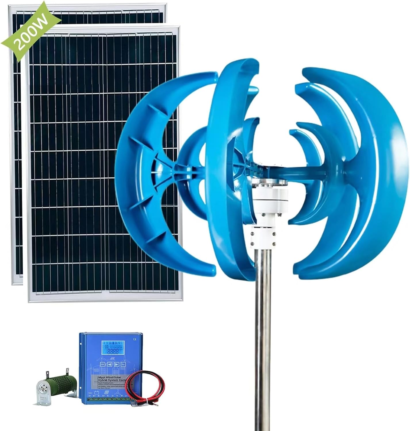 1500W Wind Turbine Generator Kit 12v24v Vertical Axis Wind Turbine Kit with Controller and 2 * 100WSolar Panels Wind and Solar Hybrid Power Generation System(12V)