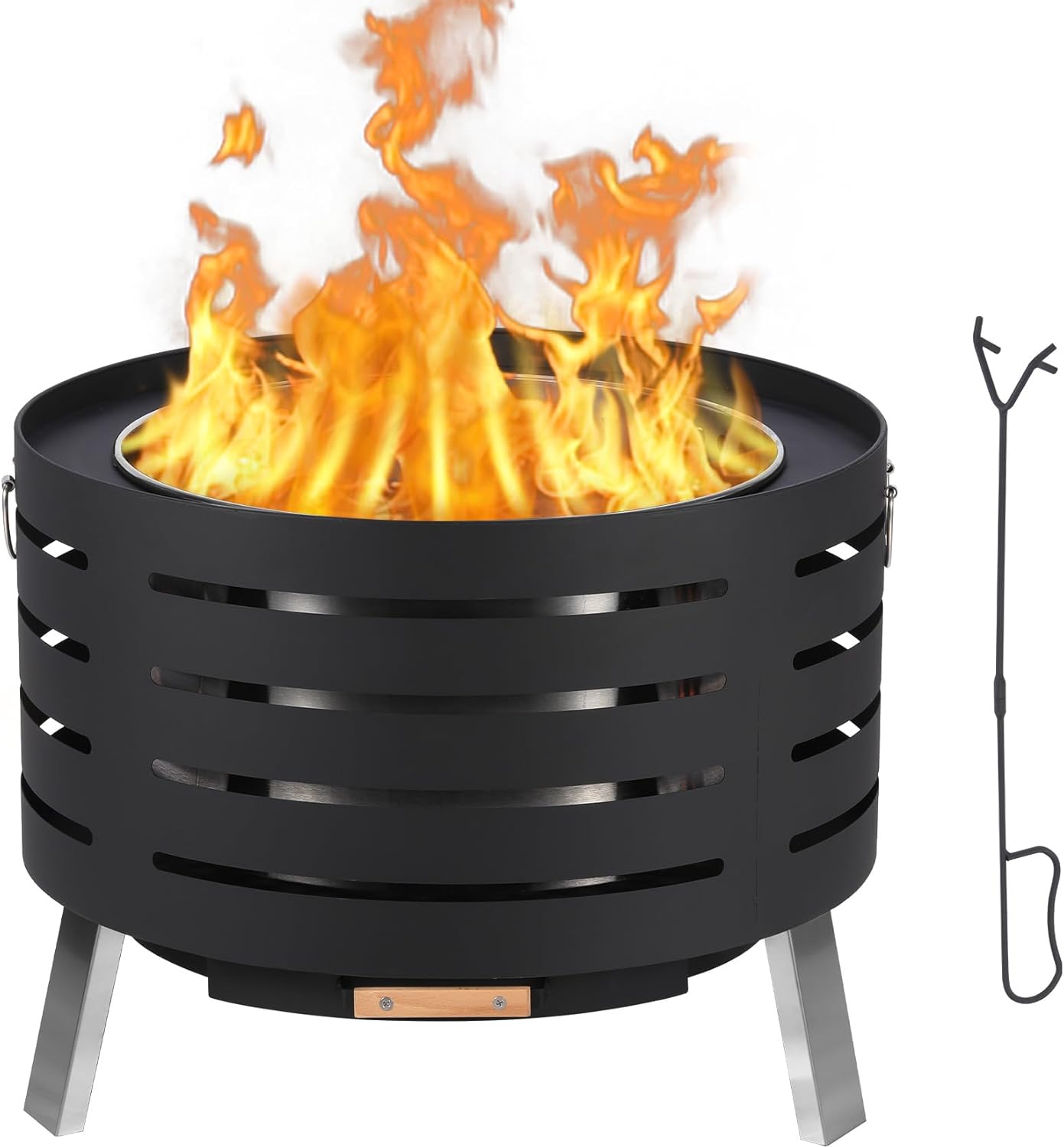 30 inch Smokeless Fire Pit Outdoor - Outside Wood Burning with 360° Airflow, Removable Ash Pan & Bamboo Lid Rainproof Cloth - Low Smoke Backyard Fire Pit for Patio, Camping, Bonfire