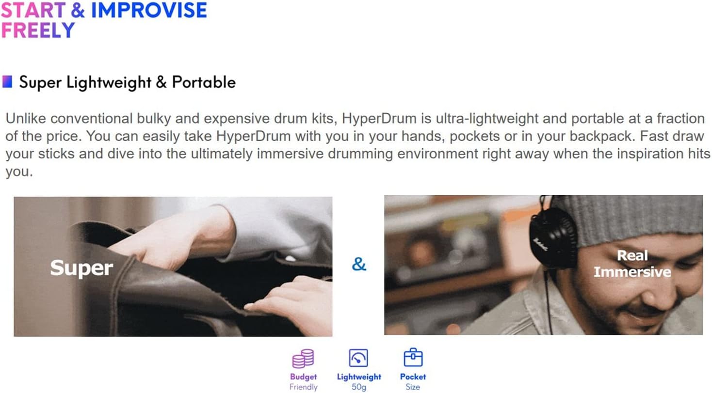 Virtual Electronic Drum Set with MIDI Support & No Noise, Portable Digital Percussion Machine with Lessons for Beginners Adults, Bluetooth