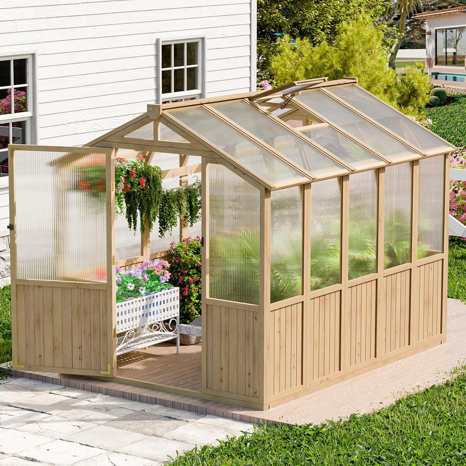 HUSFU 6x8x6.5 FT Wooden Greenhouse, Easy Assembly Thick Solid Cedar Frame Polycarbonate Greenhouse for Outdoors w/ Adjustable Roof, Lockable Door, Walk-in Green House for Outside Backyard Garden