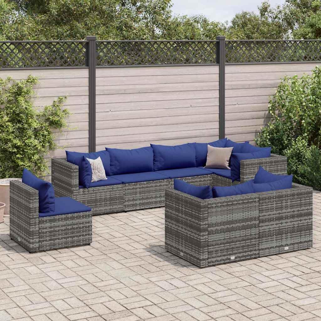 8-Piece Gray Poly Rattan Patio Lounge Set, Weather-Resistant Outdoor Furniture for Balcony, Garden, Terrace, Large Seating Capacity