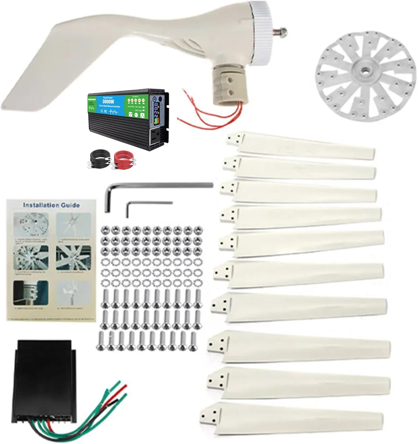 12V,HYZHANHONG 12V 24V 48V Wind Turbine Generator Kit 10000W 10 Blade Wind Power Generator Equipped with Inverter for Boats Terraces Cabins Or Home