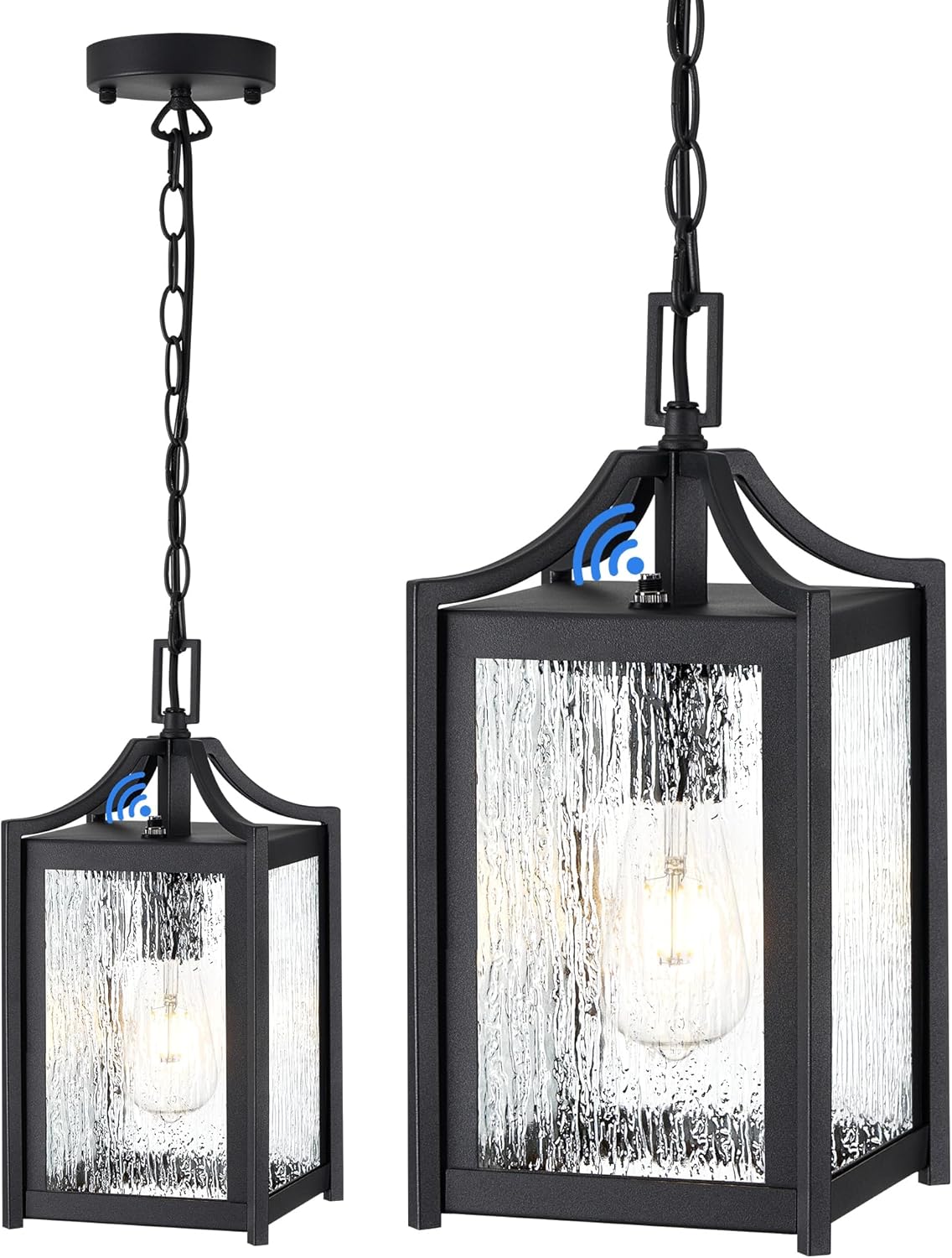 Outdoor Pendant Lights, Dusk to Dawn Modern Outdoor Porch Chandelier Lantern with Sensor, Black Exterior Hanging Porch Light with Raindrop Glass, Adjustable Long Chain, OS-KY1003