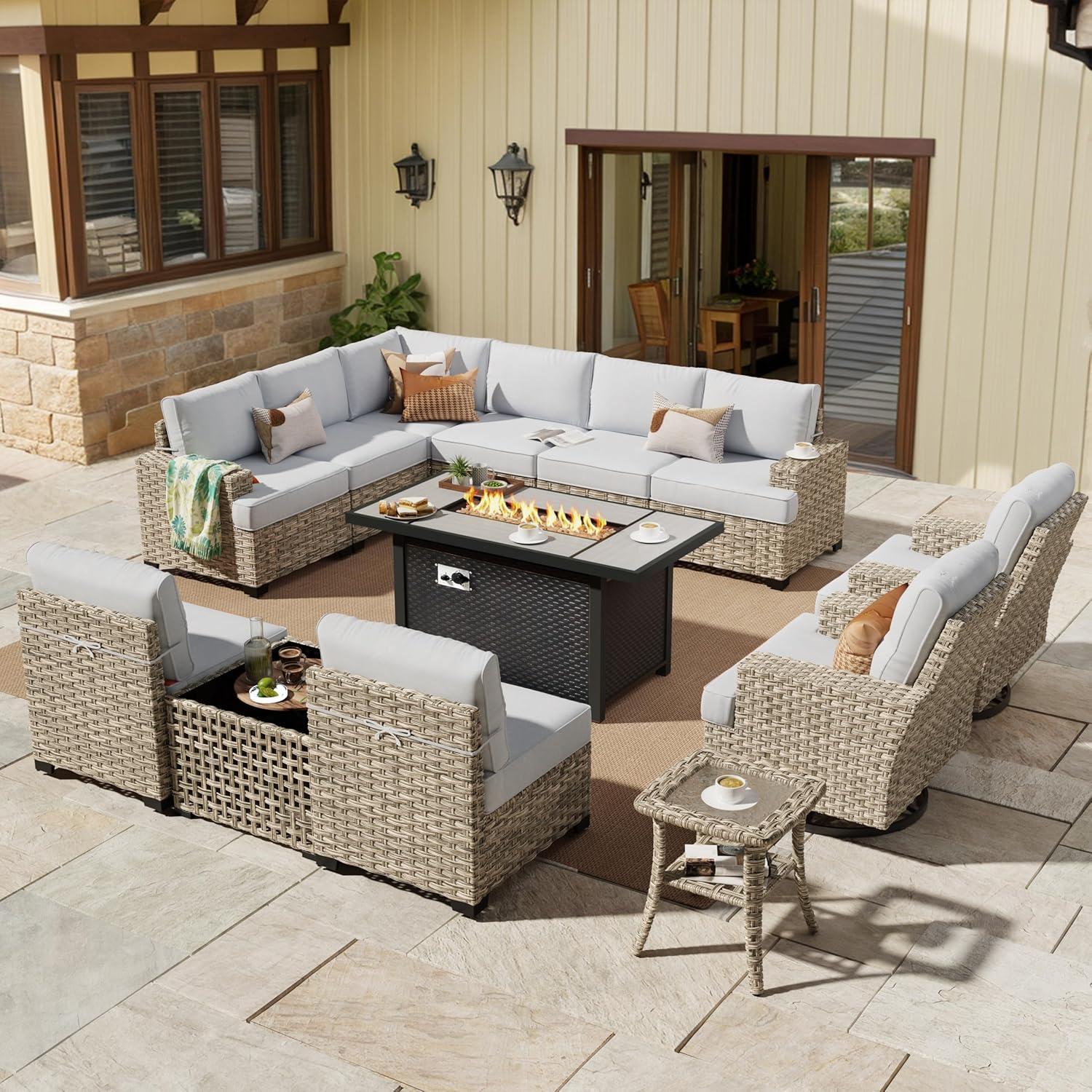 HOOOWOOO Outdoor Sectional Patio Furniture Set with Fire Pit Table,13 Pieces Wicker Conversation Sets L Shaped Couch,Extra Deep Out Door Sofa Outside Furniture with Swivel Chairs,Light Gray