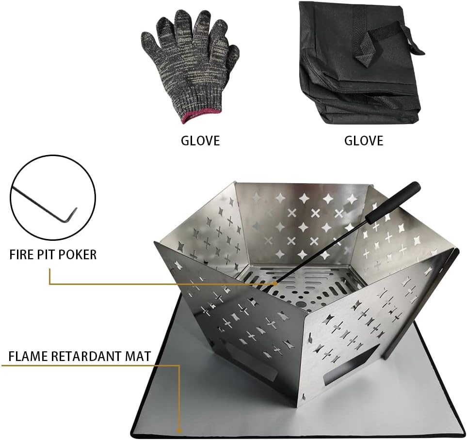 Stainless Steel Collapssible Fire Pit, Folding Firepits for Outside Wood Burning, Foldable Outdoor Accessories for BBQ Camping Travel or Picnic, Foldable Fire Pits Bonfire of Backyard, 5pcs