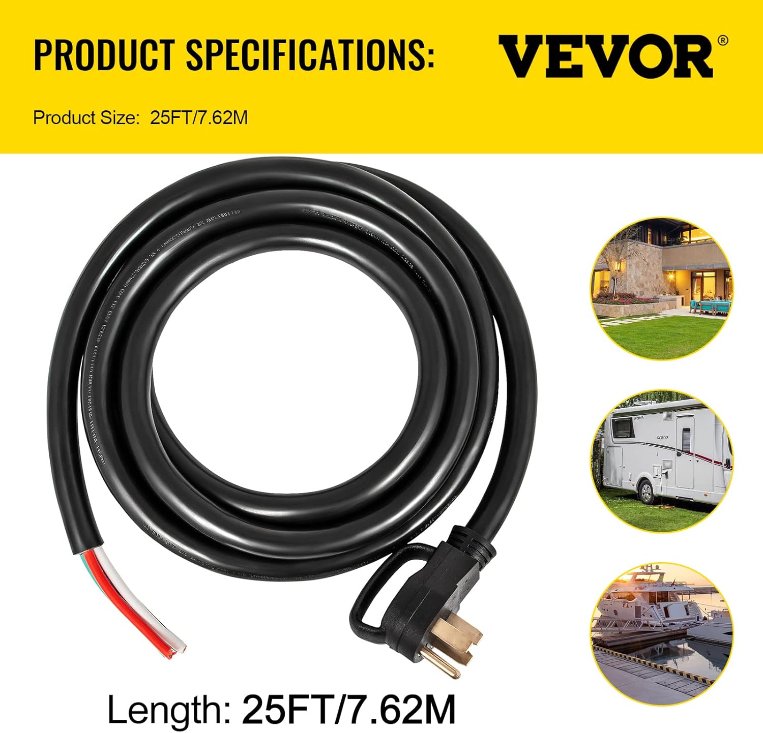 VEVOR 25 FT 50 Amp Generator Extension Cord 6 Gauge STW 6/3+8/1 RV Power Cord N14-50P to Bare Wire, Cut Wire for Trailer Motor Campers Home Generator