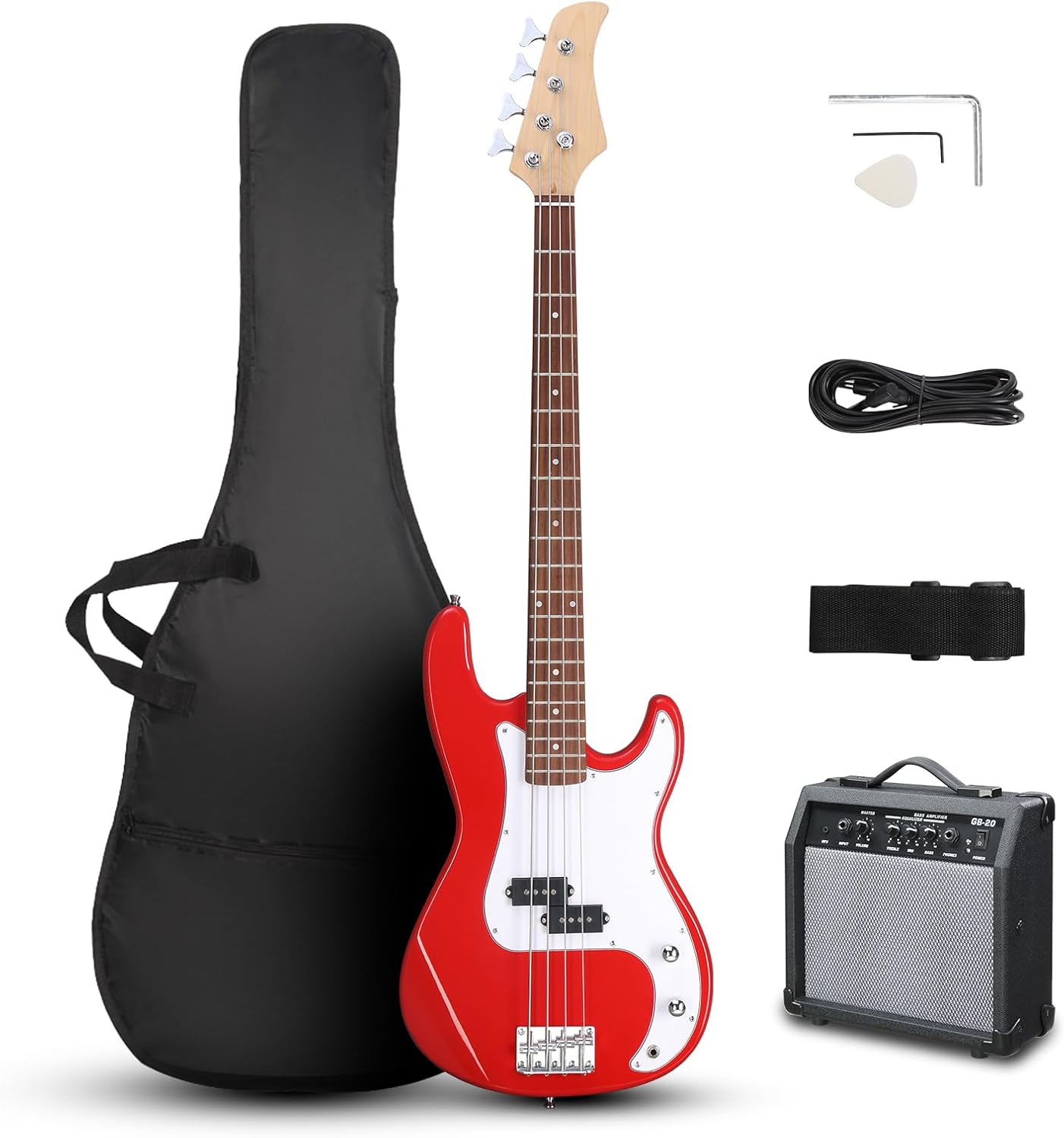 Ktaxon Electric Guitar 4 String Bass Guitar Kit with Paulownia Body, Solid Rosewood Fingerboard & Split Single-coil Pickups Includes 20W Amp, Cable, Strap, Pick and Wrench(Red)