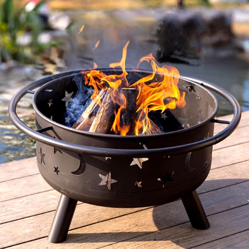 Zimtown 30 Inch Outdoor Fire Pit, Star and Moon Design, Small Wood Burning Firepit with Spark Screen, Mesh Cover, Fire Poker, Steel Bowl Brazier for Outside Patio Porch Deck Backyard Garden