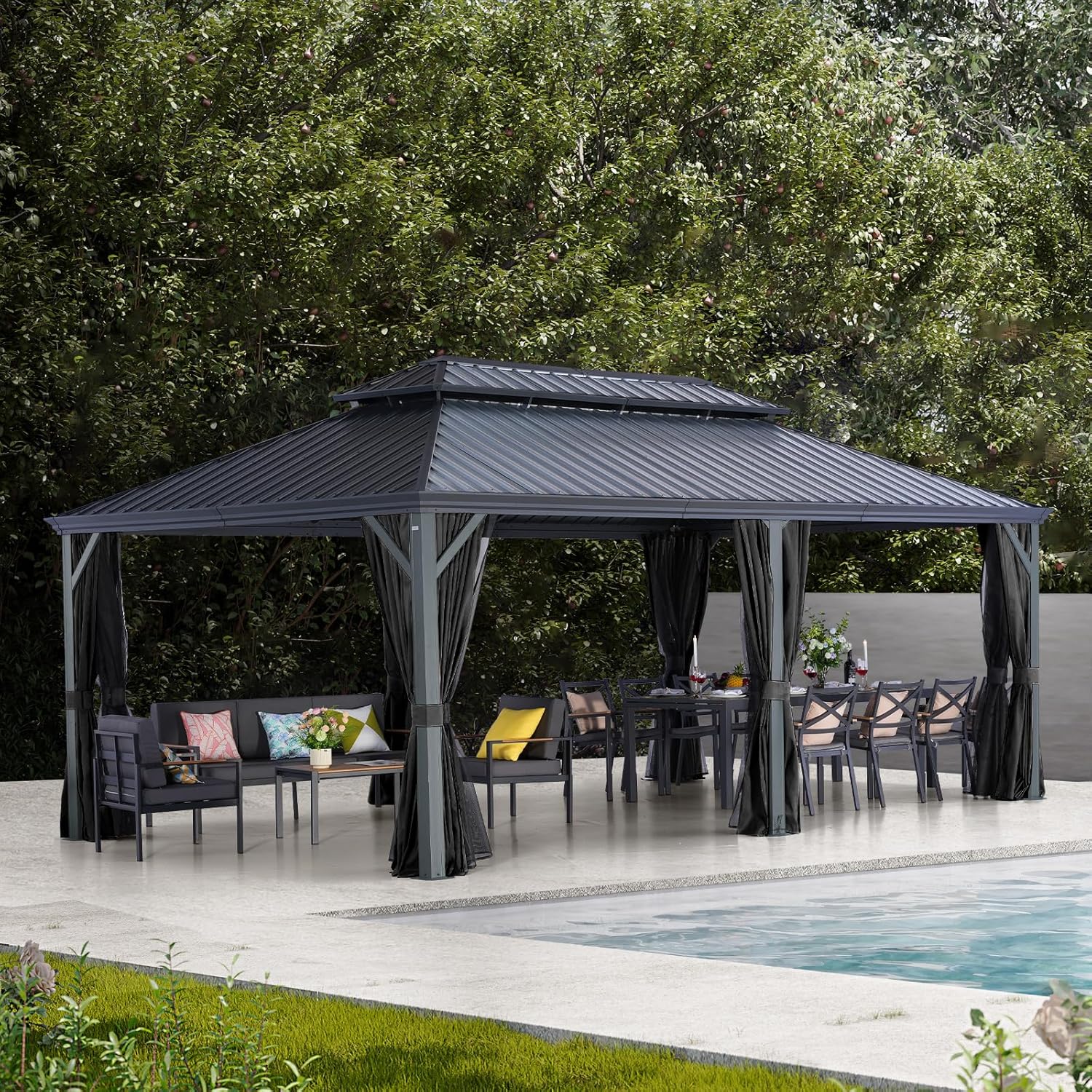 LeDoasis Blazar 12' X 20' Hardtop Gazebo Outdoor with Netting & Curtain, Aluminum Canopy with Permanent Galvanized Steel Double Roof for Patio Lawn and Garden