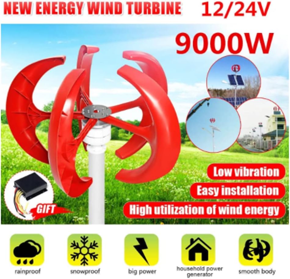 Red 9000W 5 Blades Vertical Axi Wind Turbines Generator Lantern 12V 24V Motor Kit Electromagnetic for Home Streetlight Use