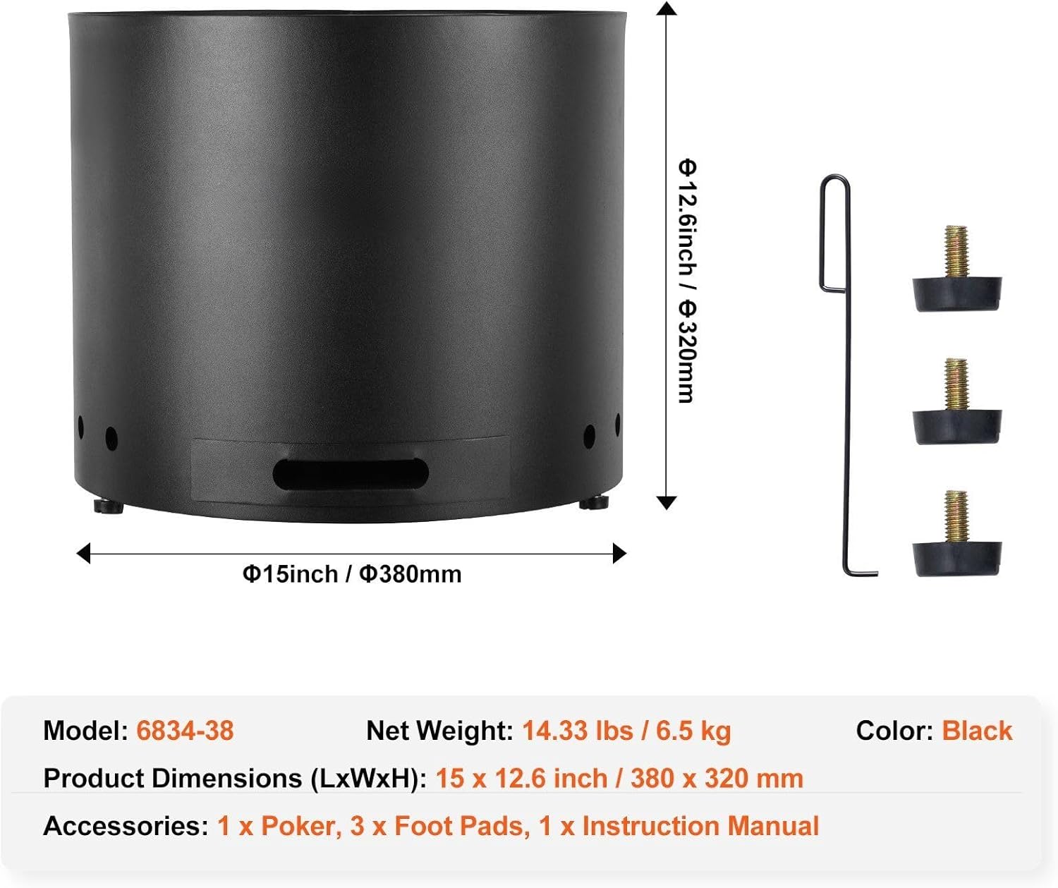 15 Inch Smokeless Fire Pit, Wood Burning Stove with Pull-Out Ash Tray & Fire Poker, Upgraded 430 Stainless Steel for Camping & Backyard, Includes 3 Foot Pads