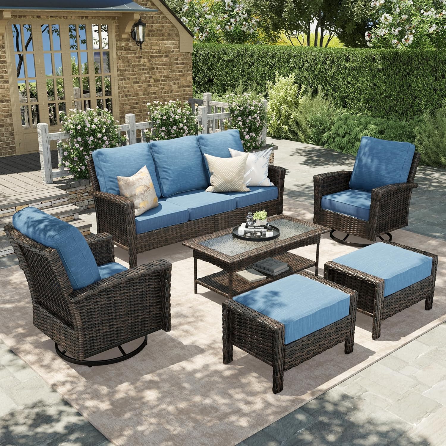 HERA'S HOUSE High Back Patio Furniture Set with Swivel Chairs, All Weather Outdoor Wicker Sofa Set, 6 Pieces Patio Conversation Sets with 5.5