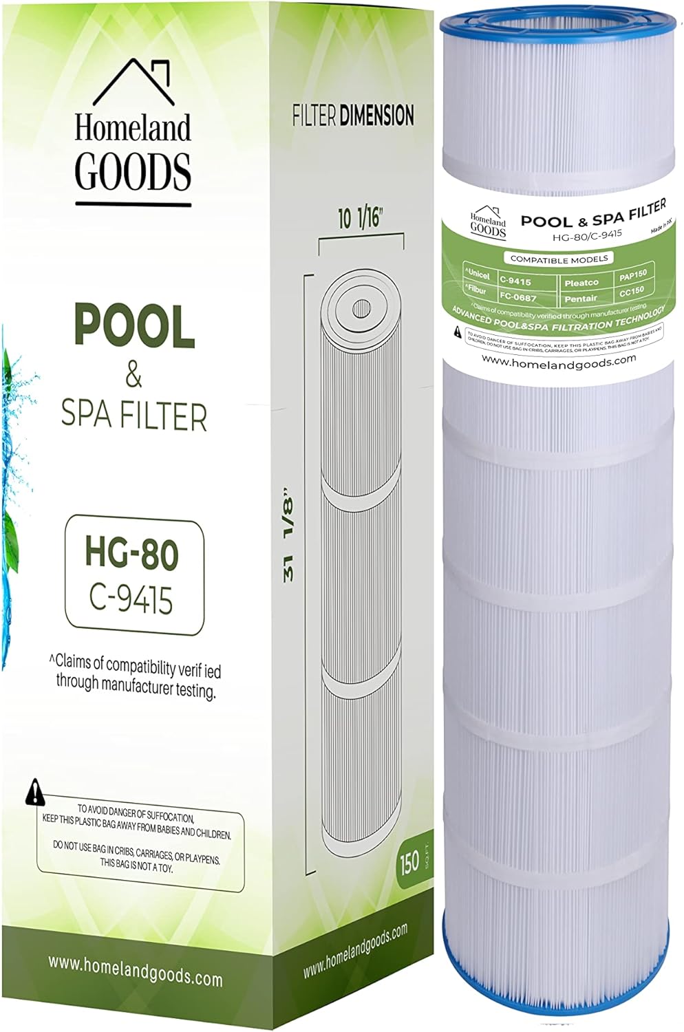 PLF150A Pool Filter Replacement for Pentair CC150, CCRP150, PAP150, Unicel C-9415, R173216, Filbur FC-0687, 160317, 160355, 160352, Predator 150, 150 sq. ft. 1 Pack