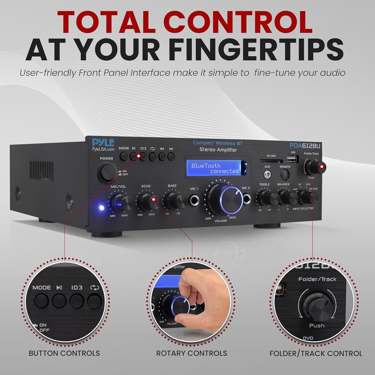 Pyle Compact Bluetooth Stereo Amplifier - 200 Watt Desktop Audio Power Amp Receiver with FM Radio, MP3/USB/SD Readers, Digital LCD Display, Microphone Input - Pyle PDA612BU