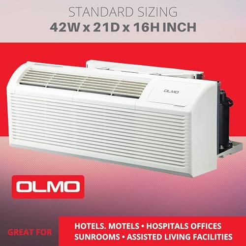 OLMO 9,000 BTU PTAC – Heating & Cooling – Packaged Terminal Air Conditioner & Heat Strip – Built-In 3.5kW Electric Heater – Includes Wireless Smart Kit, Remote & Power Cord – R-32 Refrigerant