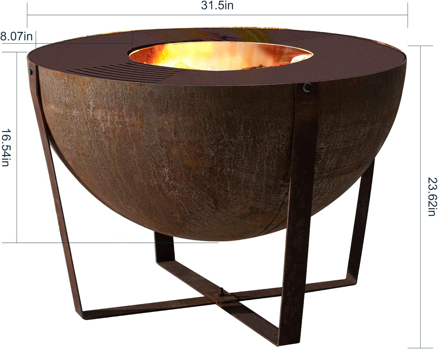 Corten Steel Heavy-Duty Fire Pit with Grilling Ring,Fire Pit Bowl with Stand,Round Firepit with Handle, Weathering Steel Wood Burning Firepit for Outside Backyard Deck Party Bonfire,32”