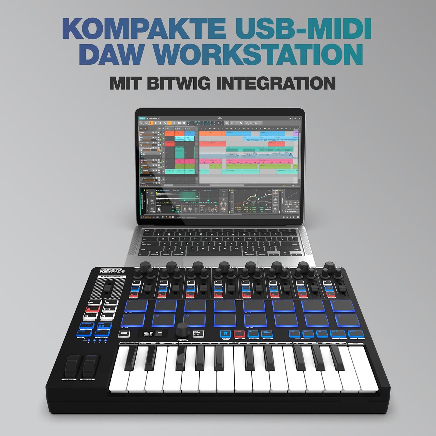 Reloop Keypad Pro Compact USB-MIDI DAW workstation with full Bitwig integration, 4-in-1 Station: master keyboard, drum pads, mixer unit & DAW controls