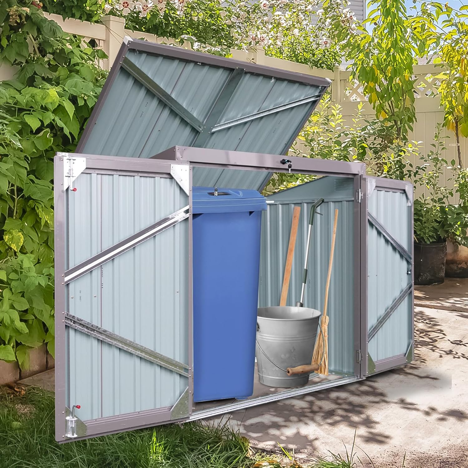 GOWE Garbage Bin Shed Stores 2 Trash Cans Metal Outdoor Bin Shed for Garbage Storage,Stainless Galvanized Steel, Bin Shed for Garden Yard Lawn Gray