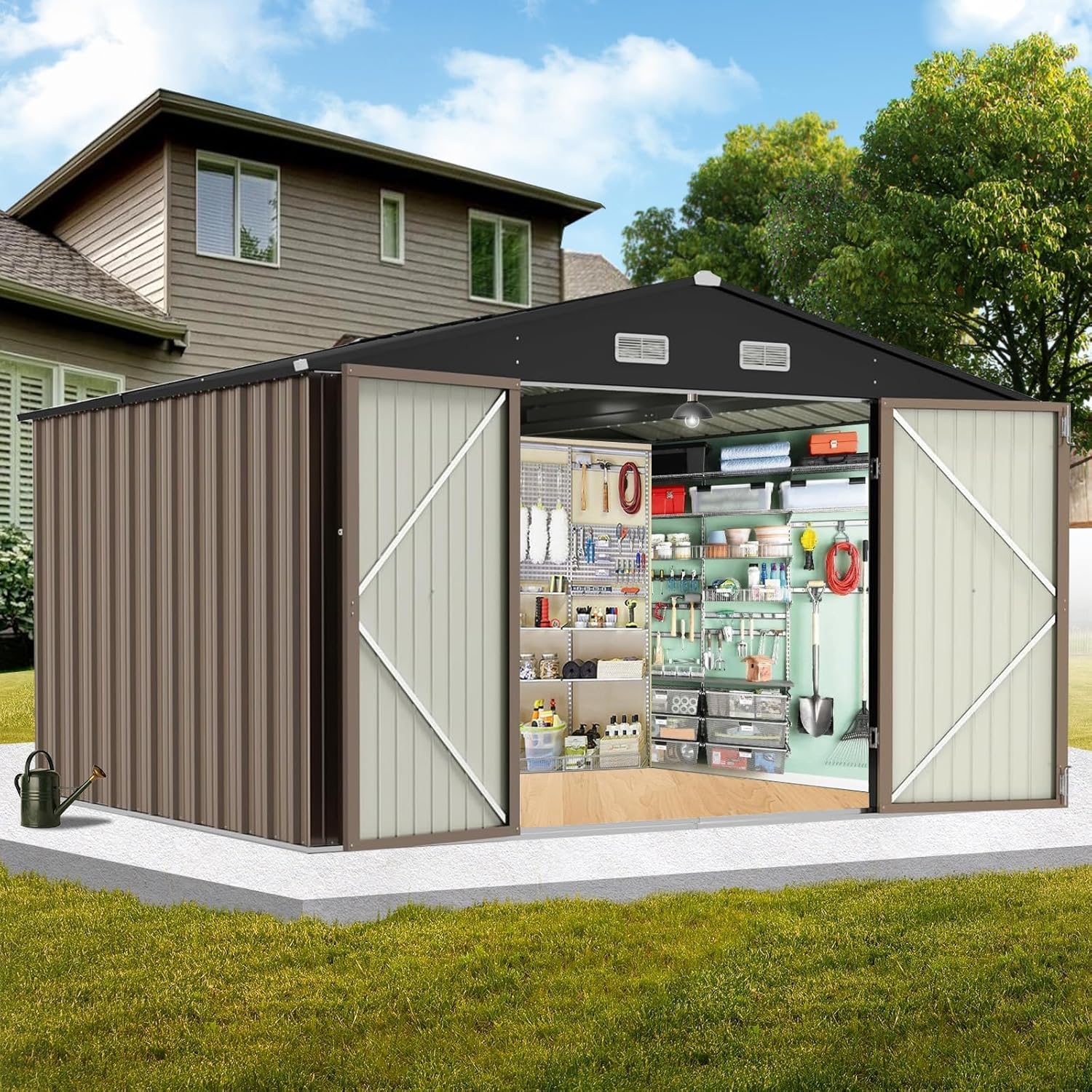 12X10FT Metal Storage Shed - Large Waterproof Tool Metal Shed with Lockable Doors & Vents, All-Weather Outdoor Sheds for Lawn Mower, Bike