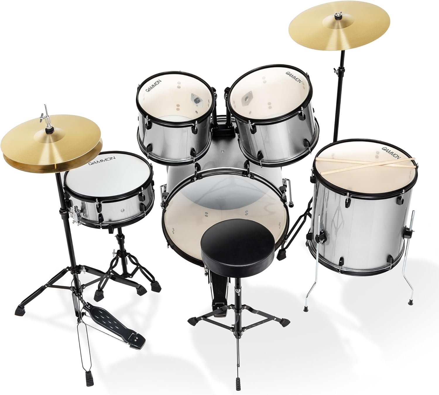 Gammon Percussion Full Size Complete Adult 5-Piece Drum Set with Cymbals, Stands, Stool, and Sticks - Silver