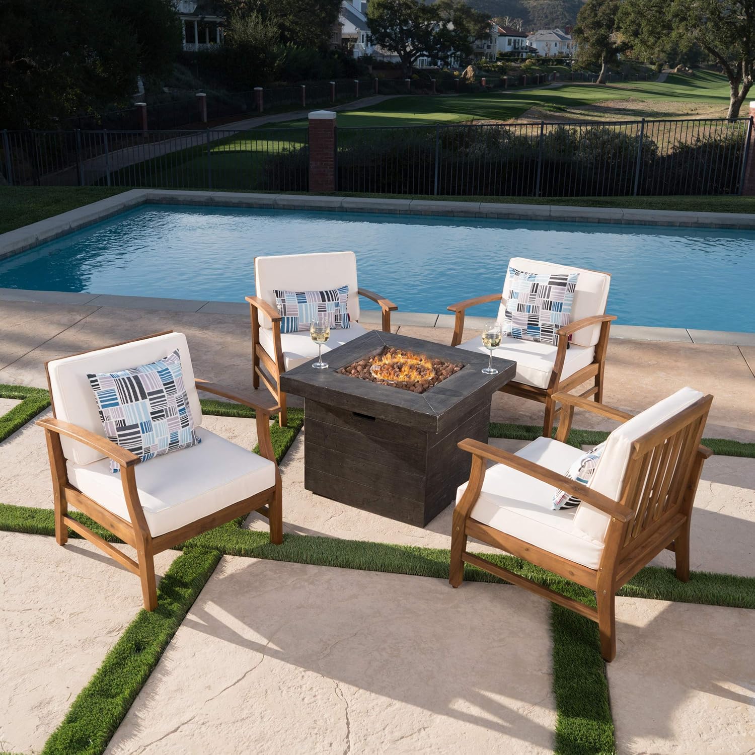 GDFStudio Outdoor 4 Seater Teak Finished Acacia Wood Club Chairs with Cream Water Resistant Cushions & Brown Fire Pit