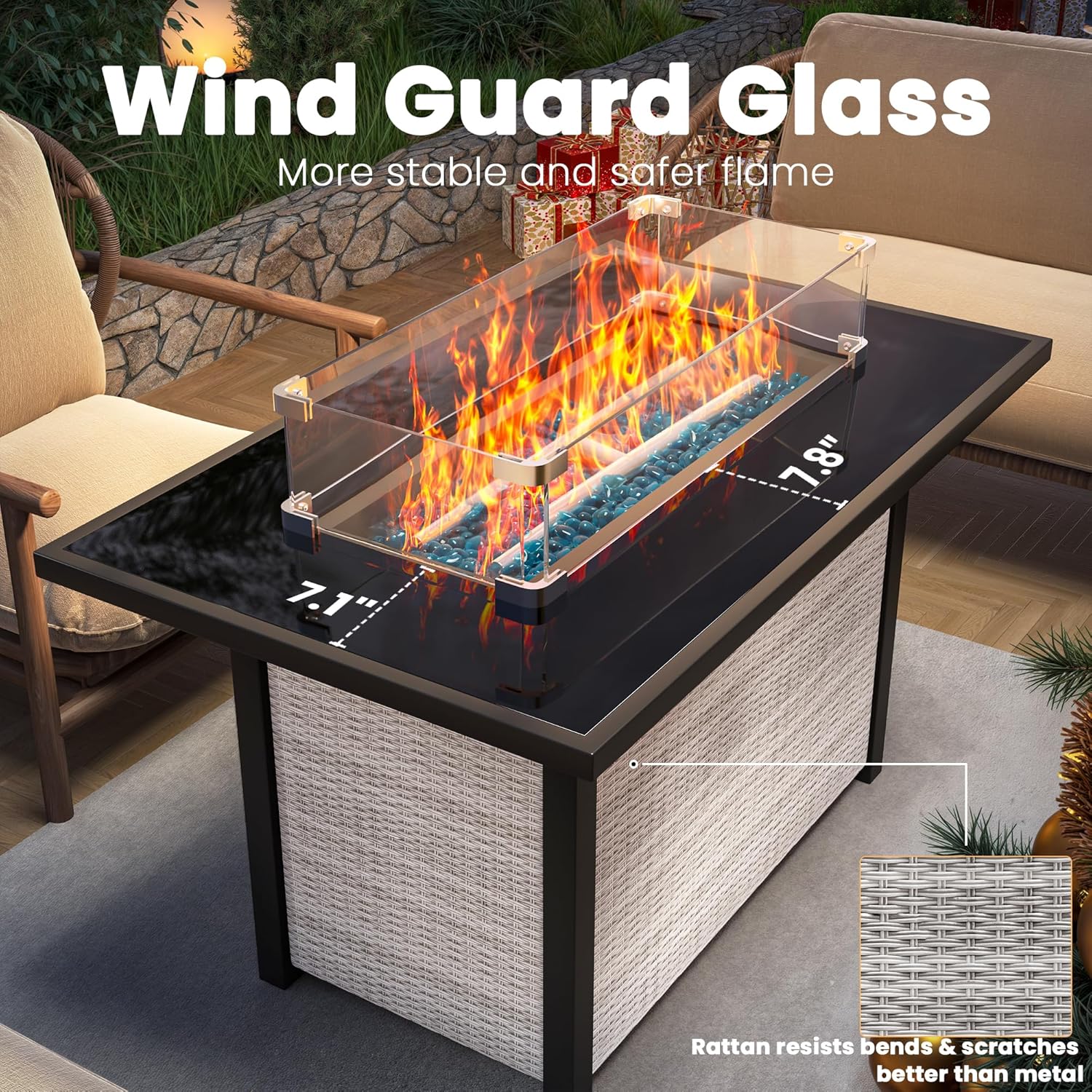 43-Inch Propane Fire Pit Table, Rattan Rectangular Outdoor Gas Fire Pit with Glass Wind Guard, Tempered Glass Tabletop & Lid, CSA Listed, 60,000 BTU, 304 Stainless Steel H-Burner, for Outside Patio