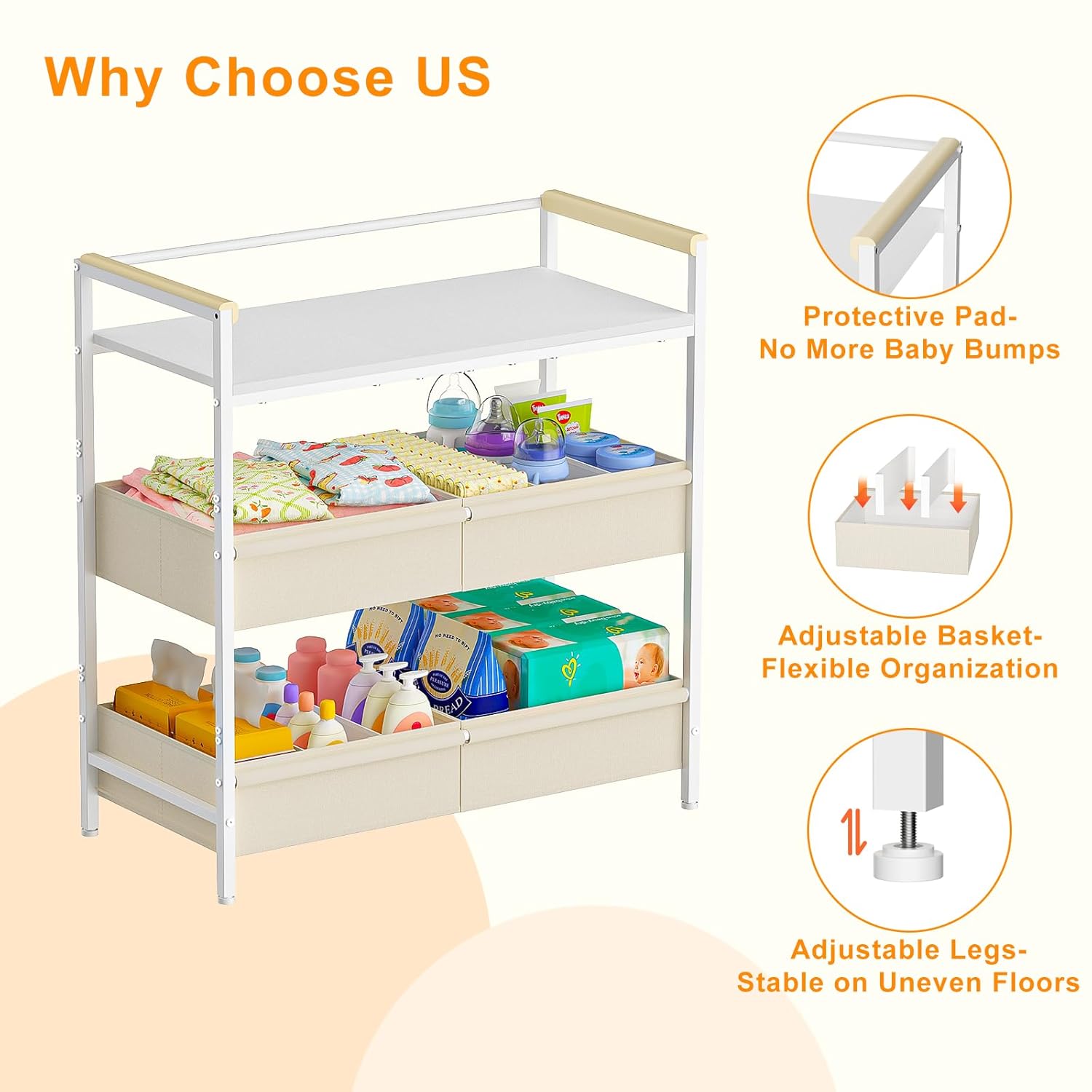 Baby Changing Table with Safety Bumper, Sturdy Diaper Change Station with Adjustable Devider in Large Storage Bin, Nursery Dresser for for Cloth Change, Baby Furniture Diaper Organizer,White