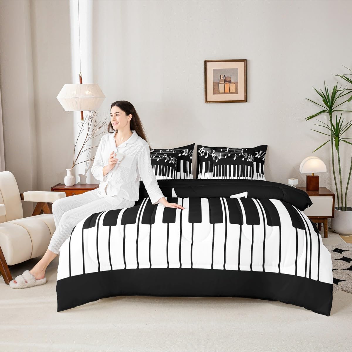 Castle Fairy Music Theme Queen 7 Pcs Bedding Sets Black White Piano Keyboard Comforter Set for Kids Teens Adults All Season (Comforter Flat Sheet Fitted Sheet 2 Pillowcases 2 Throw Pillow Covers)
