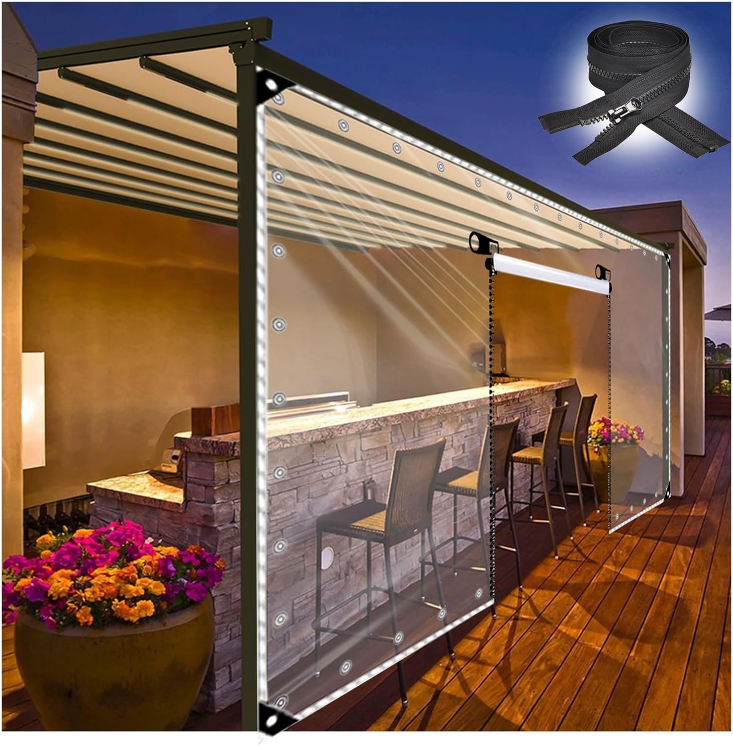 Outdoor Tarp Curtains with Zipper Door,0.5mm Clear Awning Canopy Patio Tent Enclosure,700 g/m²,Heavy Duty,Tear Resistant PVC Vinyl Tarps,for Greenhouse Balcony Garden(H2.9xW10m/H9.5xW32.8ft)